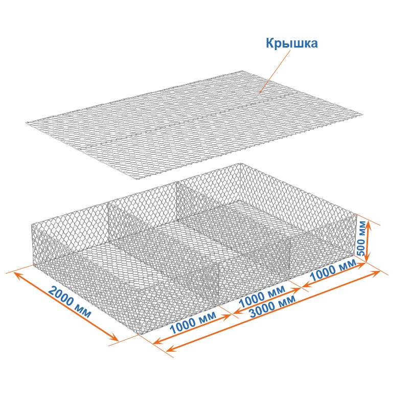 Габион матрац  ГСИ-К 3х2х0,5 оцинкованный / ЦП, Ø проволоки 2,4/3,4 мм, размер ячейки 6х8 см фото